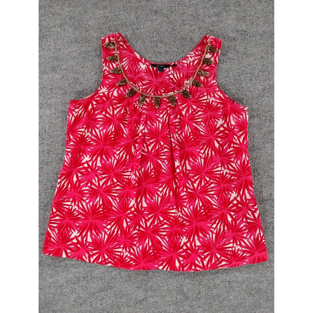 Boho Minimalist Boden Size 14 Floral Cotton Sleeveless Tank Blouse Beaded